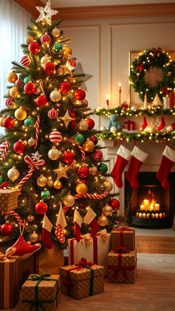 Christmas Preparation Checklist A decorated Christmas tree with presents, stockings by the fireplace, and a festive dining table.